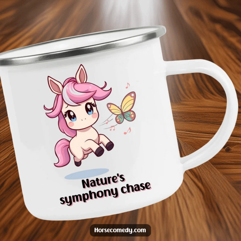 Funny camping mug featuring a horse with twinkling eyes playfully chasing a butterfly made of musical notes, perfect for enjoying drinks outdoors.