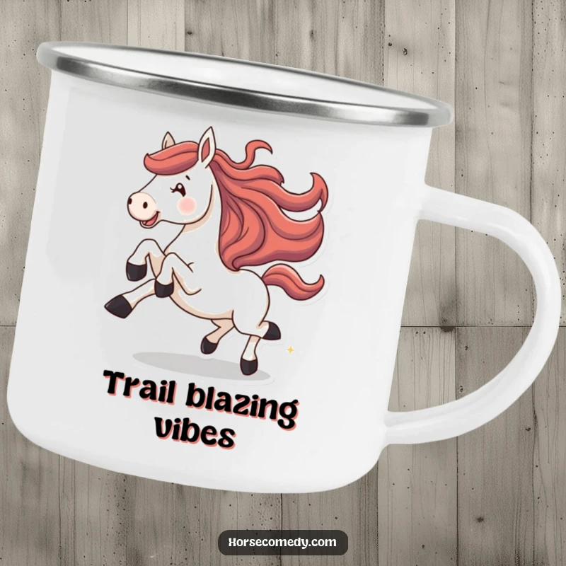 Funny horse camping mug, showing a horse joyfully galloping with legs kicked high. Perfect for adventurers.