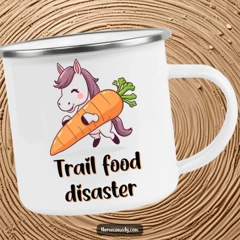 Funny horse character tripping with an enormous carrot, a humorous and durable camping mug.