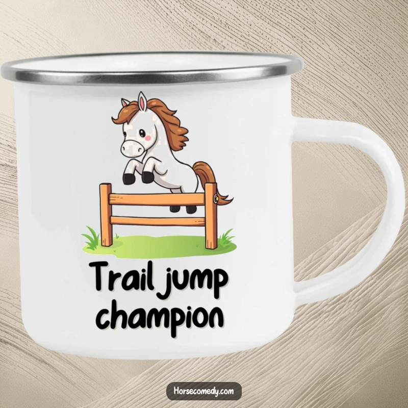 Funny horse character dramatically leaping over a small, colorful fence on a camping mug, ready for energetic, comical outdoor pursuits.