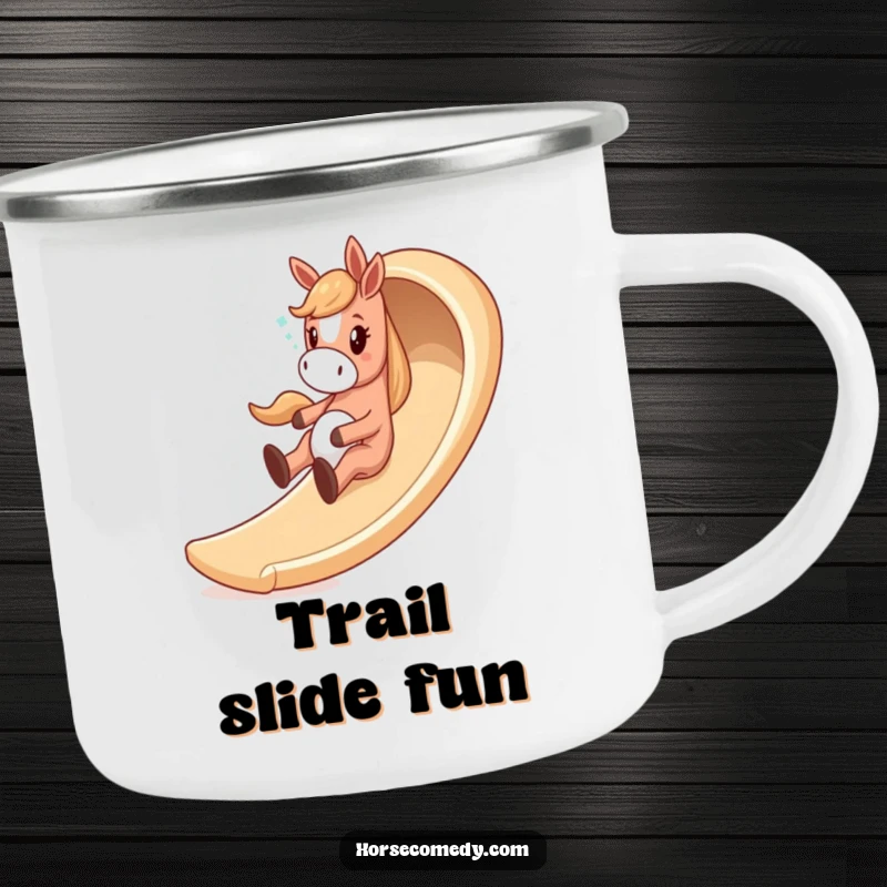Funny horse camping mug depicting a giddy horse character sliding down a whimsical, winding slide, ideal for outdoor laughs.
