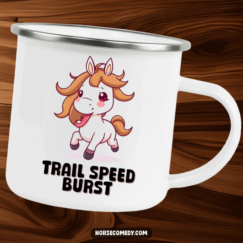 Funny horse camping mug depicting a horse character joyfully galloping with its mane flying and tongue out, ideal for outdoor energy.