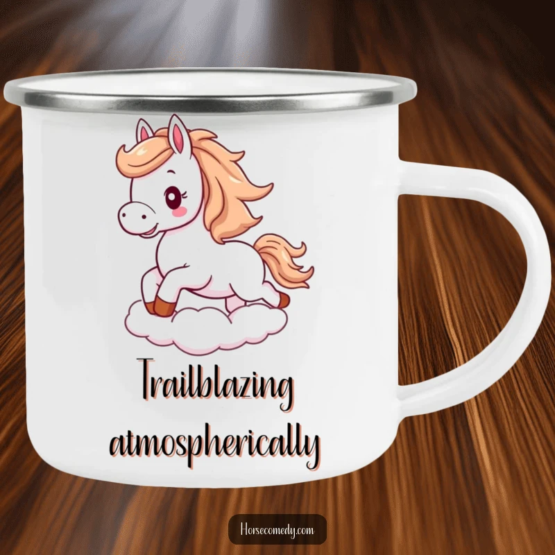 Funny horse camping mug with flowing mane, excitedly galloping on a cloud in the wilderness.