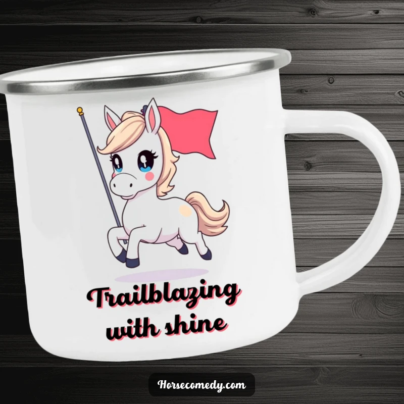 Funny camping mug depicting a horse galloping with sparkling eyes and a flag, designed for outdoor enthusiasts seeking fun.