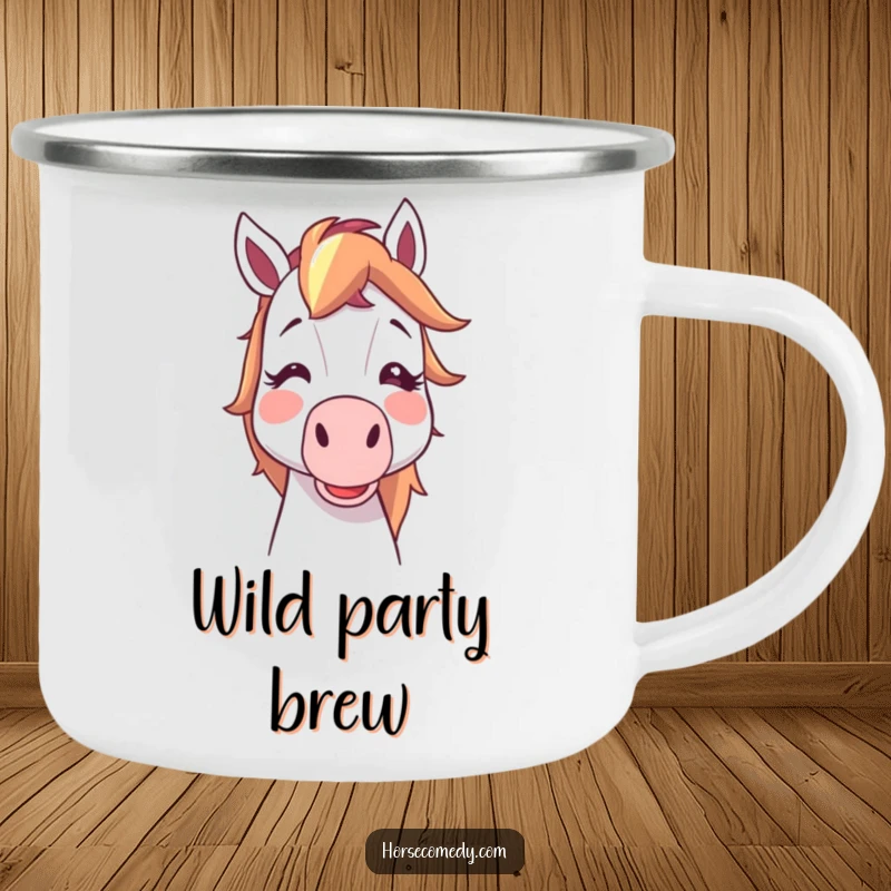 Funny horse character cartoon blush blowing a noisemaker, durable camping mug for outdoor celebrations, perfect funny gift.