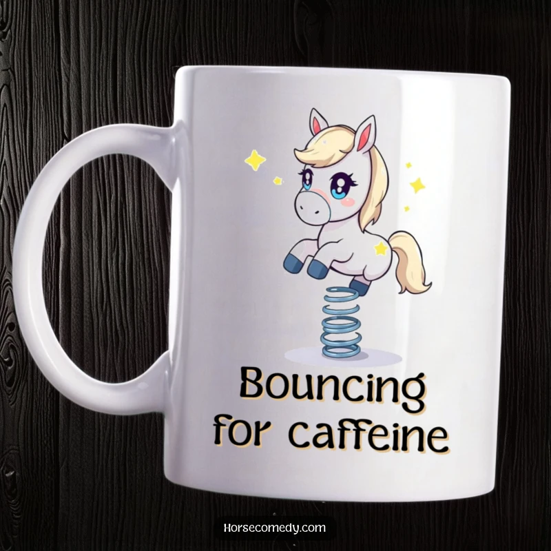 Funny horse mug, depicting a starry-eyed horse expertly balancing on a bouncy spring. Shows pure delight and energy.