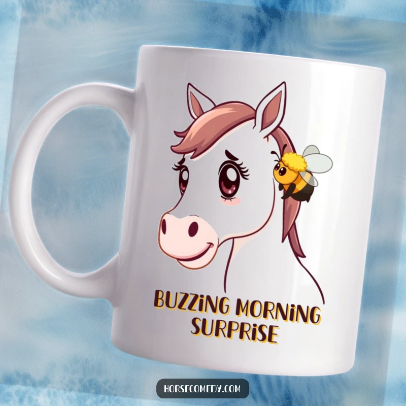 Funny Horse Bee Mug: A horse with wide, surprised eyes is gently nudged by a friendly bumblebee, creating a humorous scene.