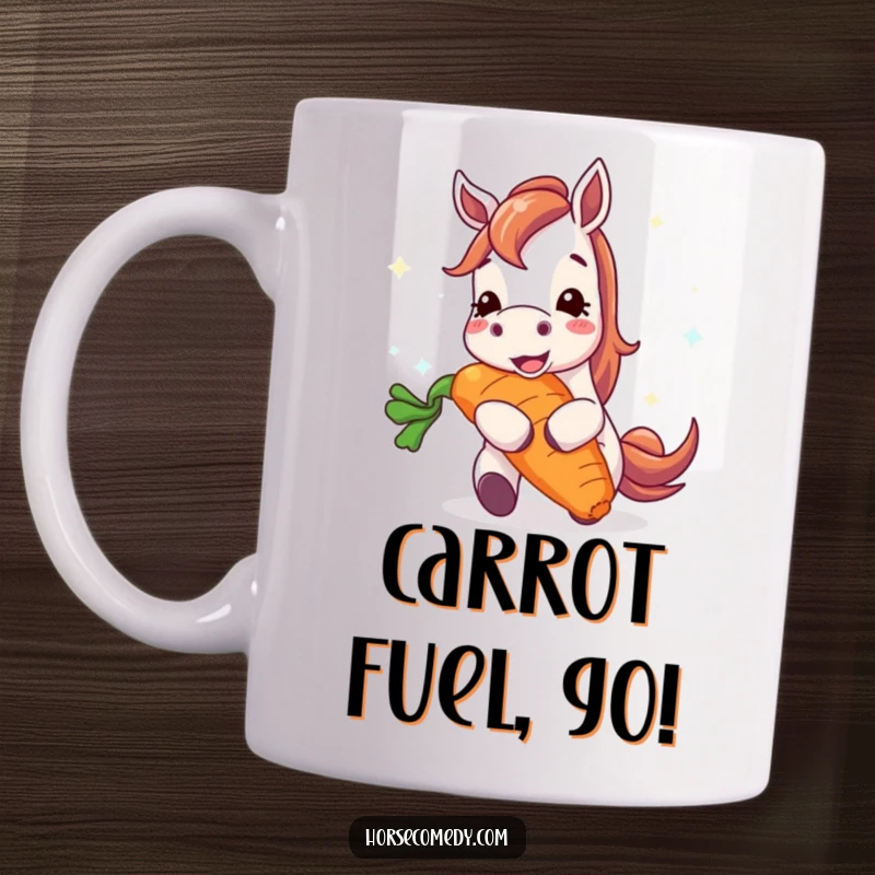 Funny horse mug with a happy horse character enthusiastically munching on a gigantic, radiant carrot, expressing pure delight and a love for treats.