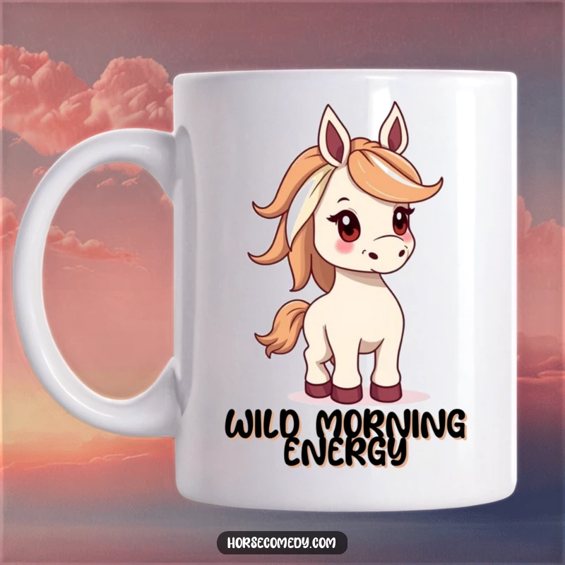 Funny mug showing a horse character with a wide, flowing mane playfully bucking, conveying a sense of fun and freedom.