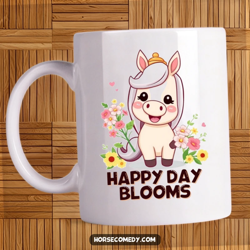 Funny mug displaying a horse with a huge smile, sporting a silly hat and holding a vibrant bouquet of flowers.