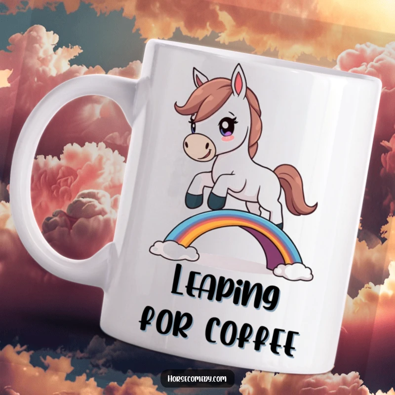 Funny Horse Mug showing a determined horse character mid-leap over a small, colorful rainbow bridge with clouds.