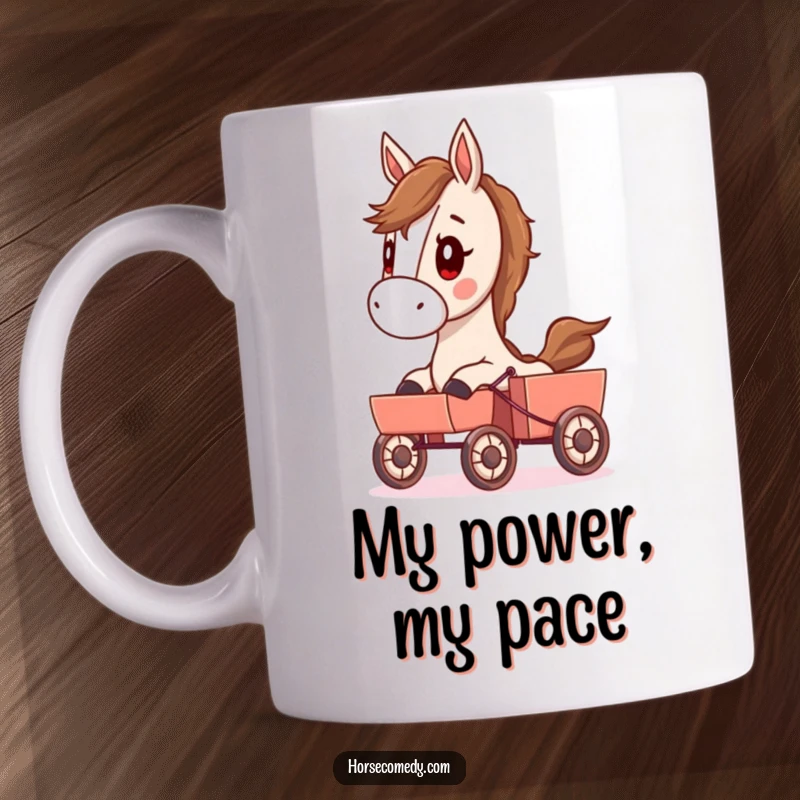 Funny mug with a determined horse character meticulously pulling a small cart, showcasing its unwavering focus and strength.