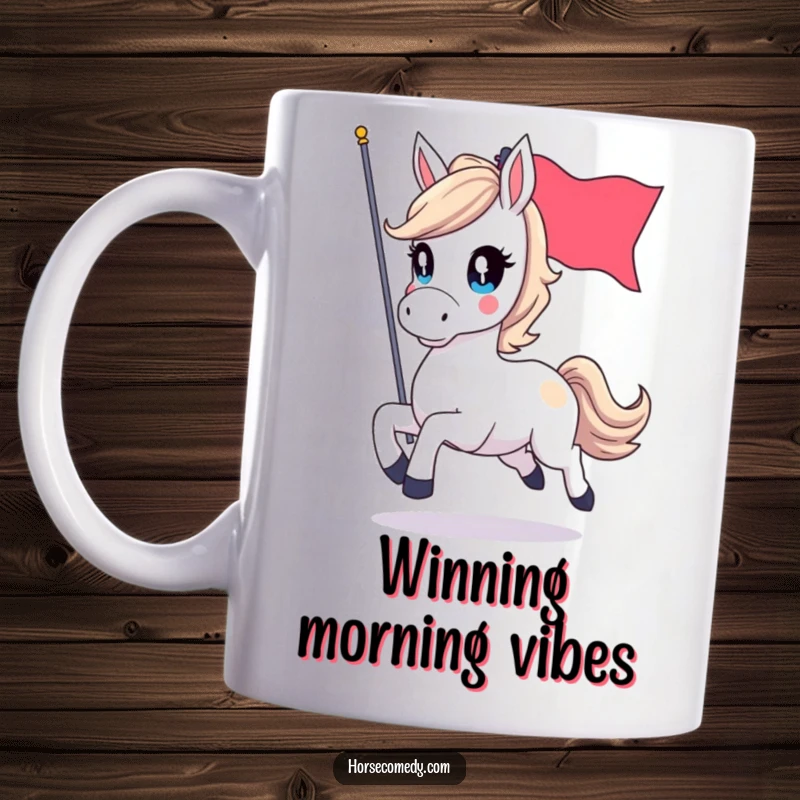 Funny mug depicting a horse character with sparkling eyes, joyfully galloping while holding a colorful flag, symbolizing freedom and speed.