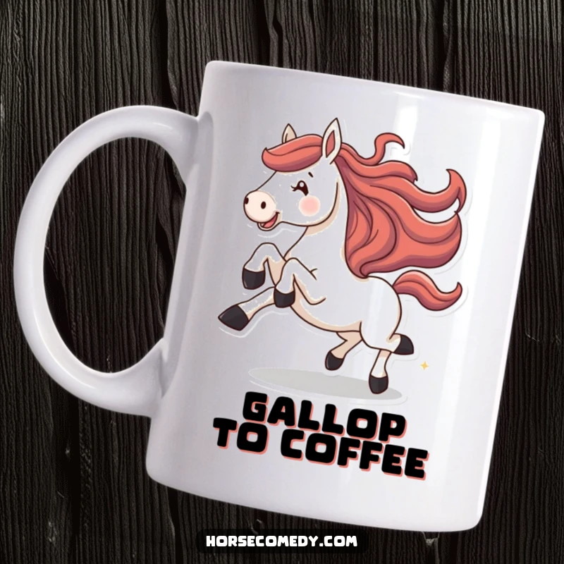 Funny galloping horse mug, captured mid-stride, joyfully kicking its back legs high in the air. Shows pure exhilaration.