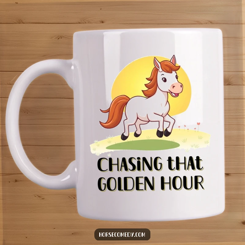 Funny horse mug featuring a joyful horse galloping with enthusiasm towards a vivid, colorful sunset, embodying freedom and happiness.