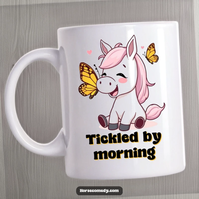 Funny horse character giggling while being tickled by a playful butterfly on a mug, capturing a moment of pure, comical mirth.