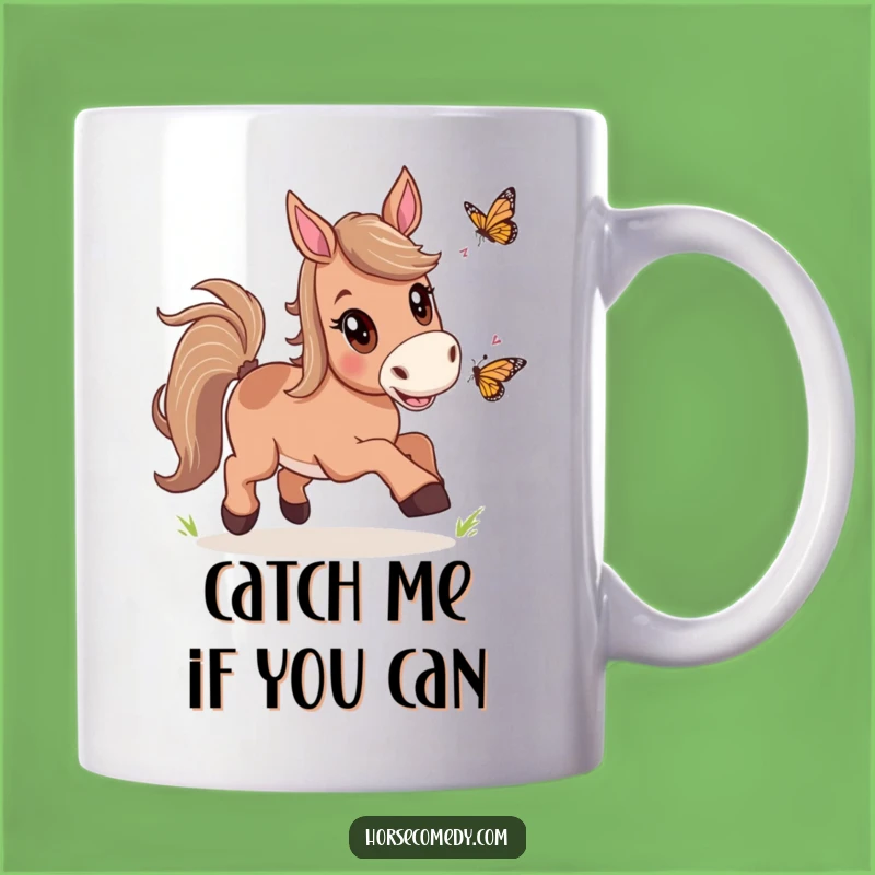 Funny Horse Butterfly Chase Mug: Excitement Captured, Perfect Humorous Gift