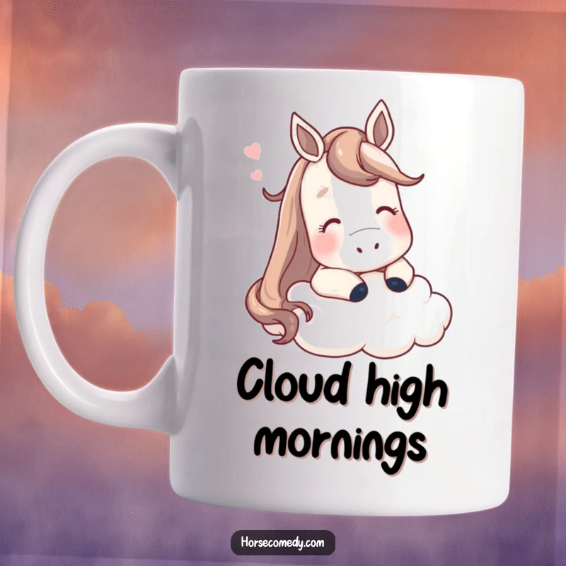 Funny horse mug, contented horse resting head on a fluffy cloud with a sigh, dreamlike and humorous gift.