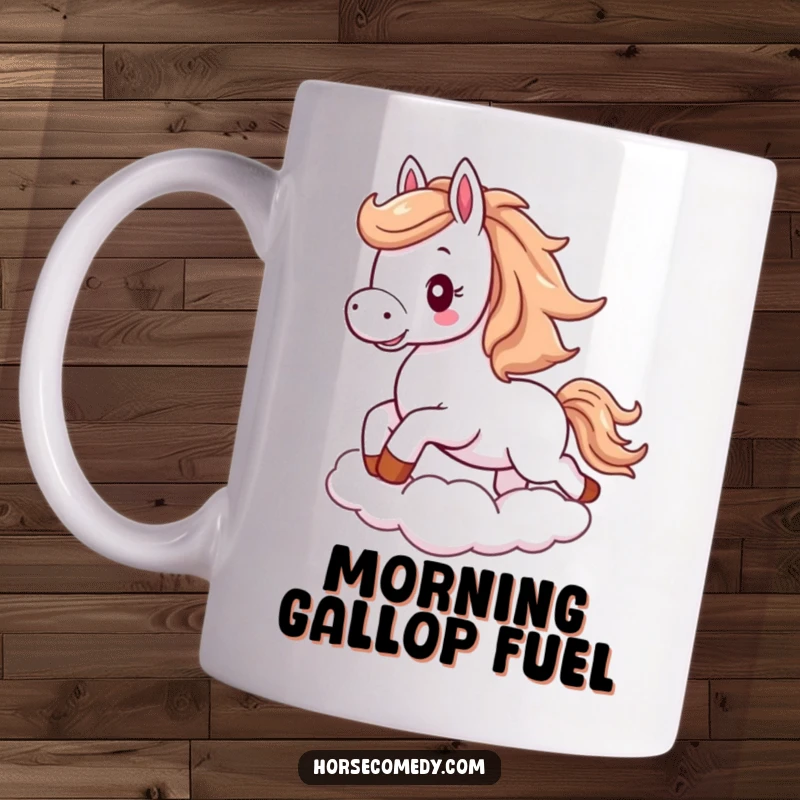 Funny horse mug with flowing mane, excitedly galloping across a soft, fluffy cloud.