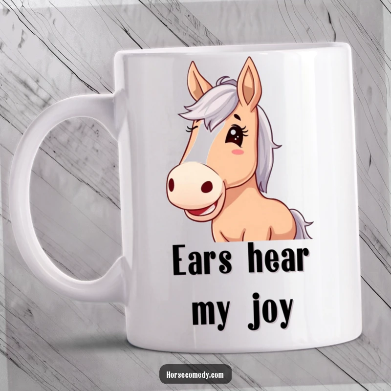 Funny horse mug, oversized floppy ears, giggling with pure joy, conveying infectious happiness and lighthearted amusement.