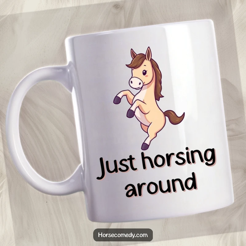 Funny mug with a cartoon horse gleefully kicking its legs high in the air while spinning with joy.