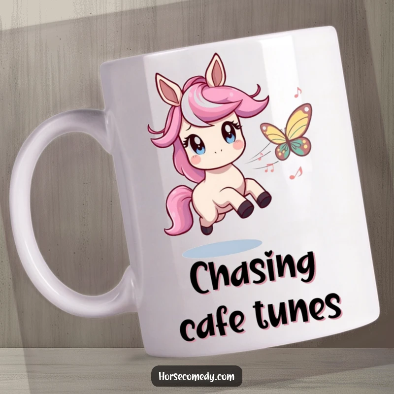 Funny mug depicting a horse with twinkling eyes playfully chasing a butterfly made of musical notes, radiating joy and musical humor.