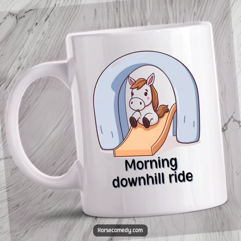 Funny horse character gleefully sliding down a large, arched slide on a mug, evoking playful humor, a great funny gift.