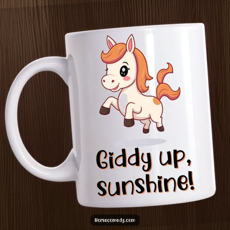 Funny Kawaii Horse Mug featuring a cute horse neighing cheerfully and playfully kicking its heels up with glee.