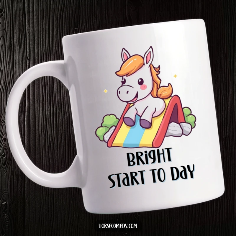 Funny Mug: A happy horse slides down a vibrant rainbow slide, letting out a cheerful shout.