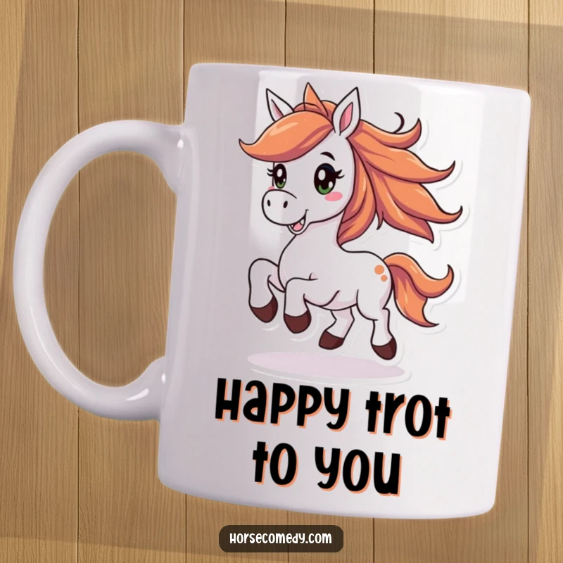 Funny horse mug featuring a joyful horse with a flowing mane, prancing happily with a big smile, embodying pure delight.