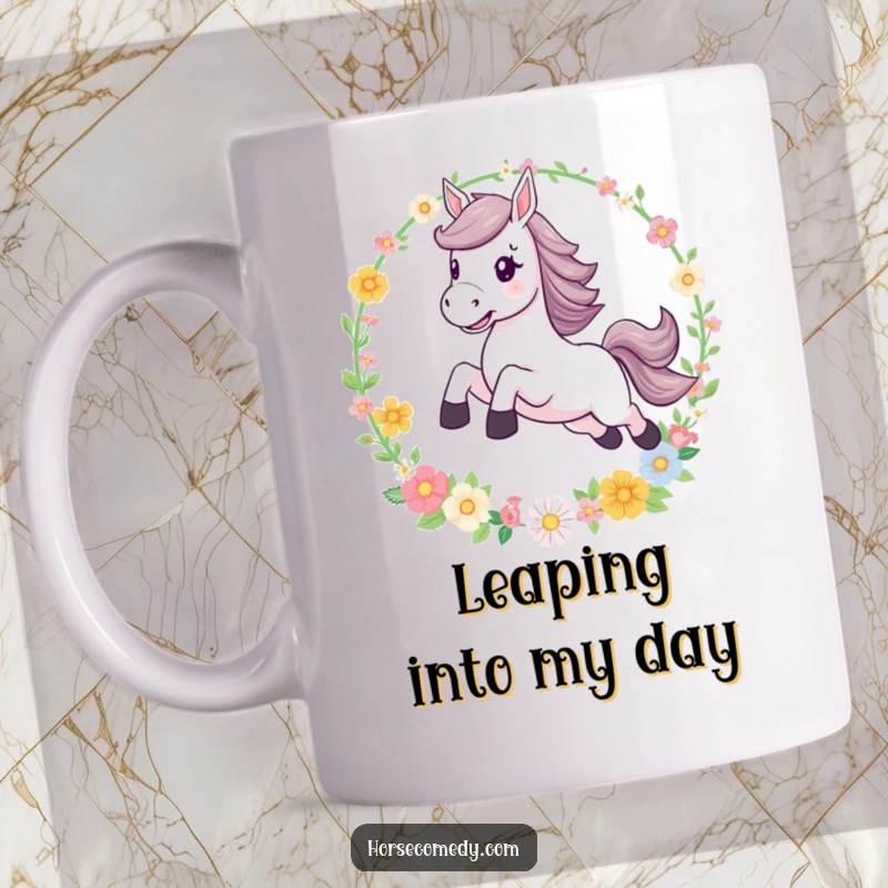 Funny leaping horse mug, joyfully jumping through a sparkling flower hoop, capturing a moment of pure fantasy and equestrian athleticism.