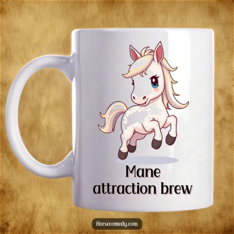 Funny horse mug, shimmering mane, prancing with pure excitement and vibrant energy, conveying joy and dynamism.