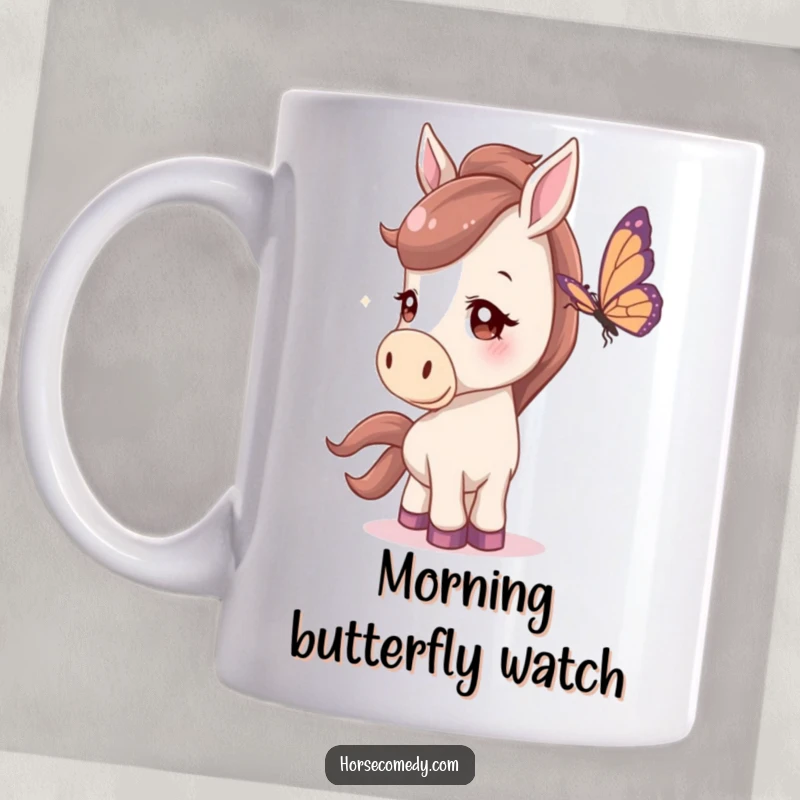Funny Mug featuring a horse with a curious head tilt, gently watching a beautiful butterfly flutter by, conveying inquisitiveness.