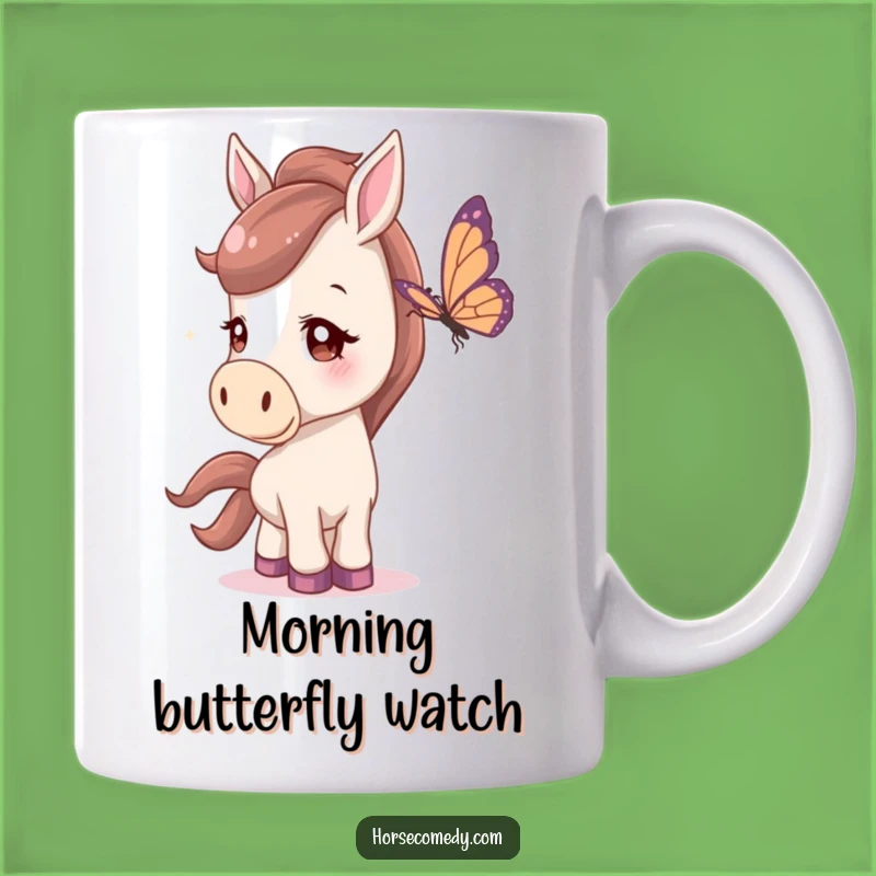 Funny Horse Butterfly Mug: Curious horse tilting head, a hilarious gift for equestrians and nature lovers.