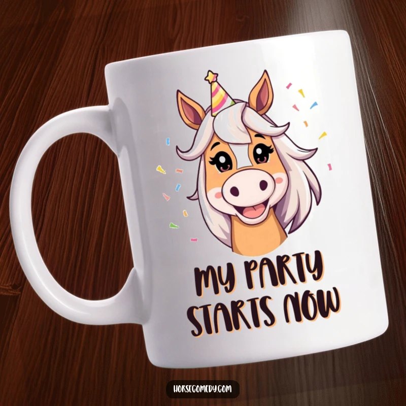 Funny Horse Mug with a silly grin, wearing a party hat and surrounded by confetti, ready for a hilarious celebration.