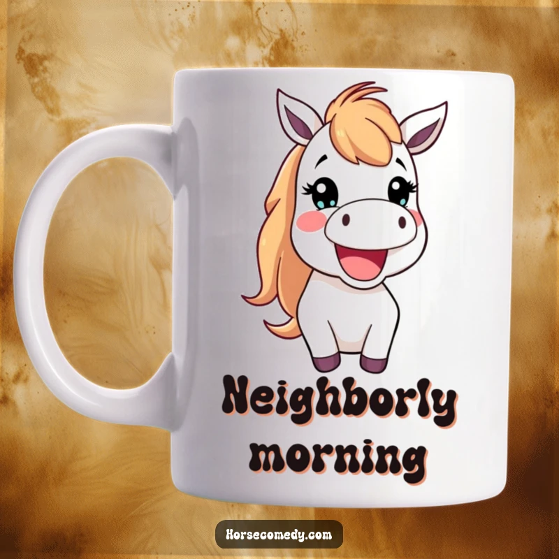 Funny Mug featuring a happy horse creature with its mouth open, letting out a cheerful neigh, embodying pure delight.