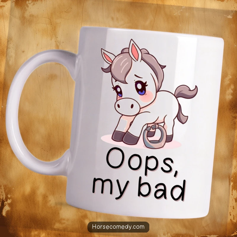 Funny mug showing a cartoon horse comically tripping over a small, shiny horseshoe with wide, surprised eyes.