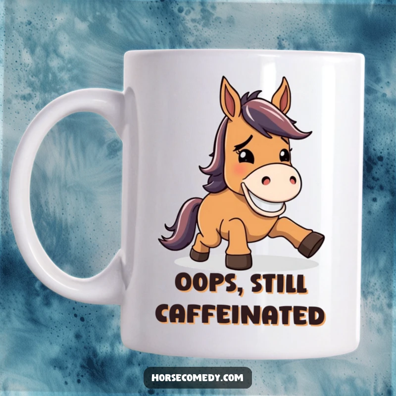 Funny horse mug, character stumbling slightly, then grinning goofily, conveying resilience, humor, and charm.