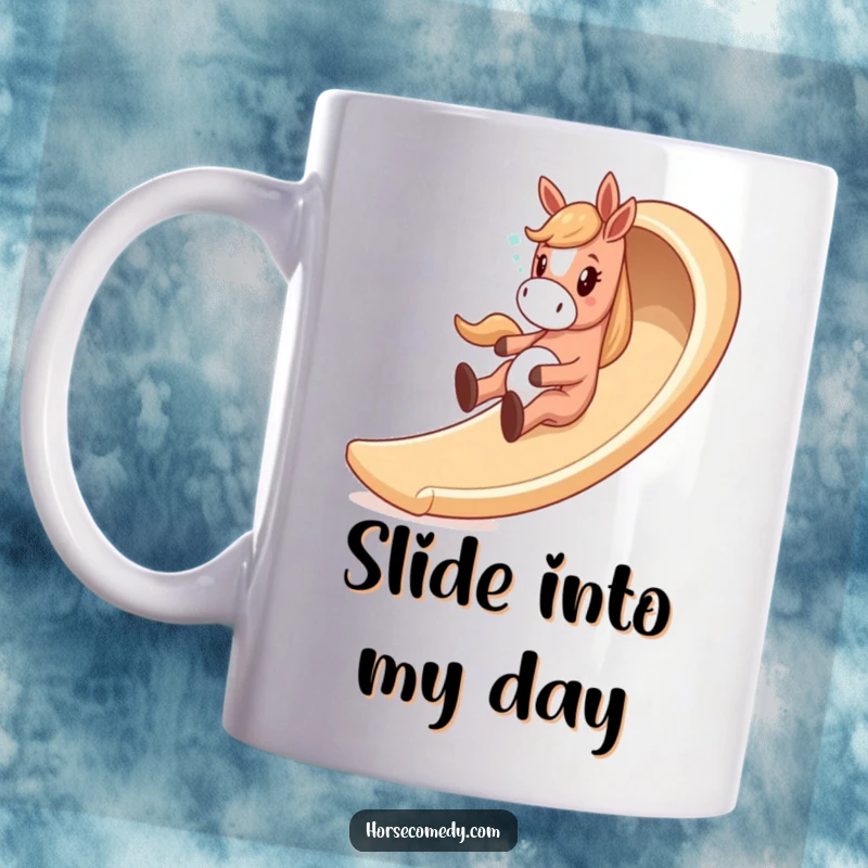 Funny horse mug with a giddy horse character sliding down a whimsical, winding slide, expressing pure exhilaration and fun.
