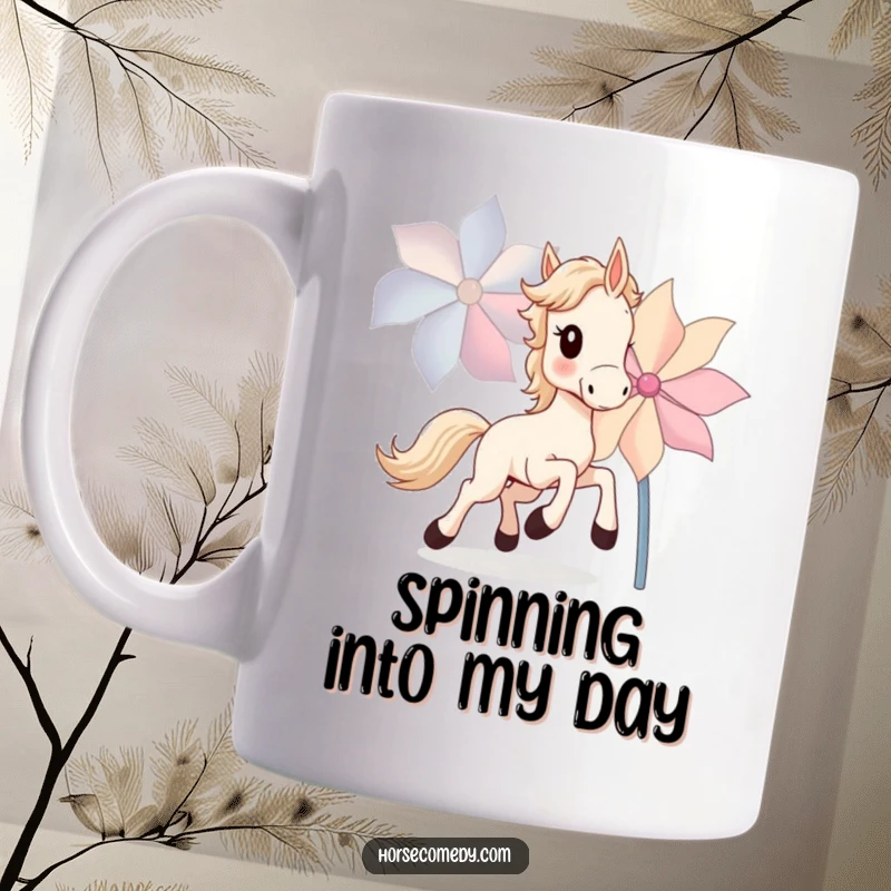 Funny Horse Cub Mug depicting a small horse joyfully chasing a large, colorful spinning pinwheel with pure delight.