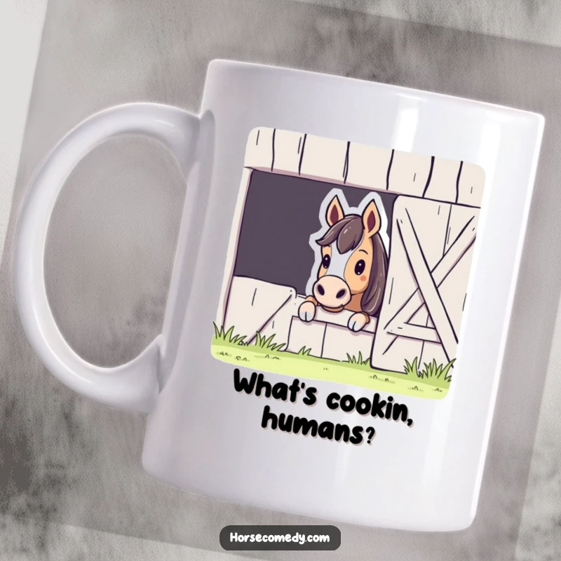 Funny Horse Barn Peek Mug featuring a curious horse peeking mischievously from behind a large barn door, full of personality and charm.