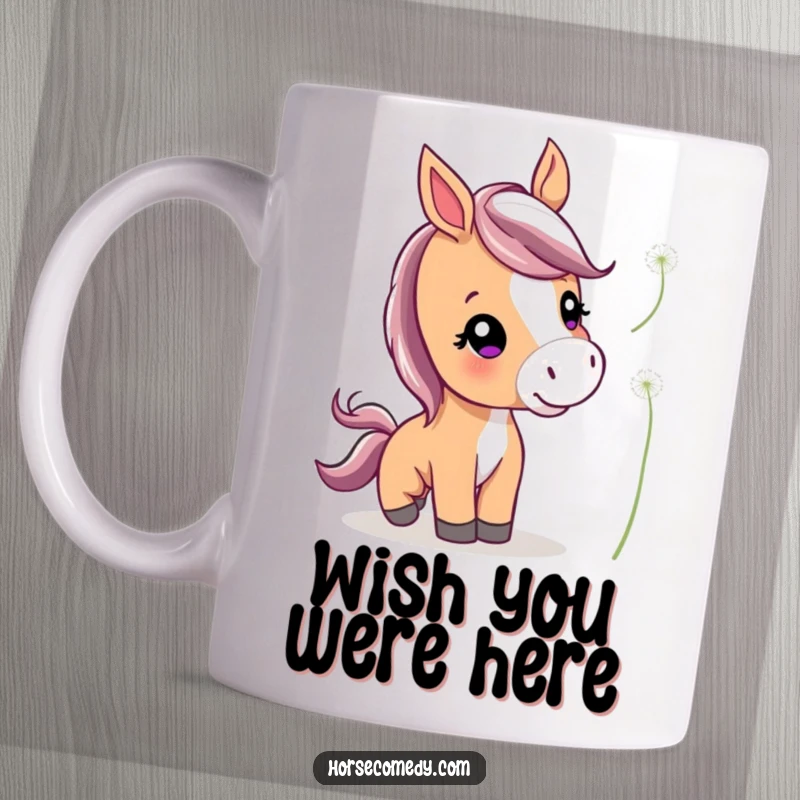 Funny Cute Horse Mug showing a curious horse with perked ears playfully nudging a floating dandelion seed head.