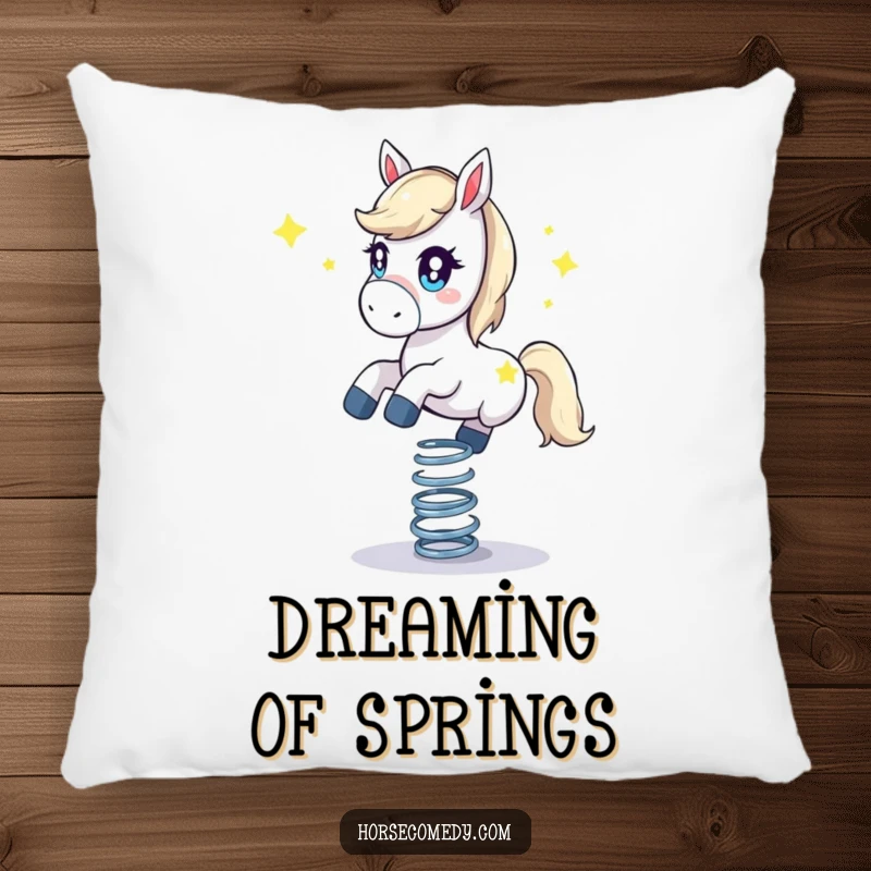 Funny horse pillow, showing a starry-eyed horse balancing on a bouncing spring. Soft and humorous.