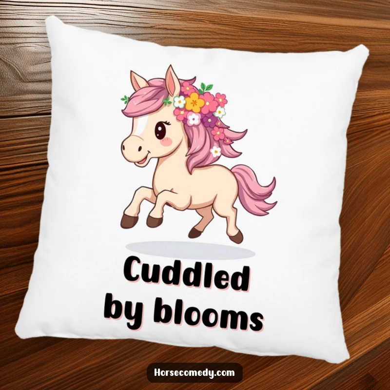 Funny pillow featuring a horse joyfully galloping, its mane artistically styled with a bouquet of colorful flowers.