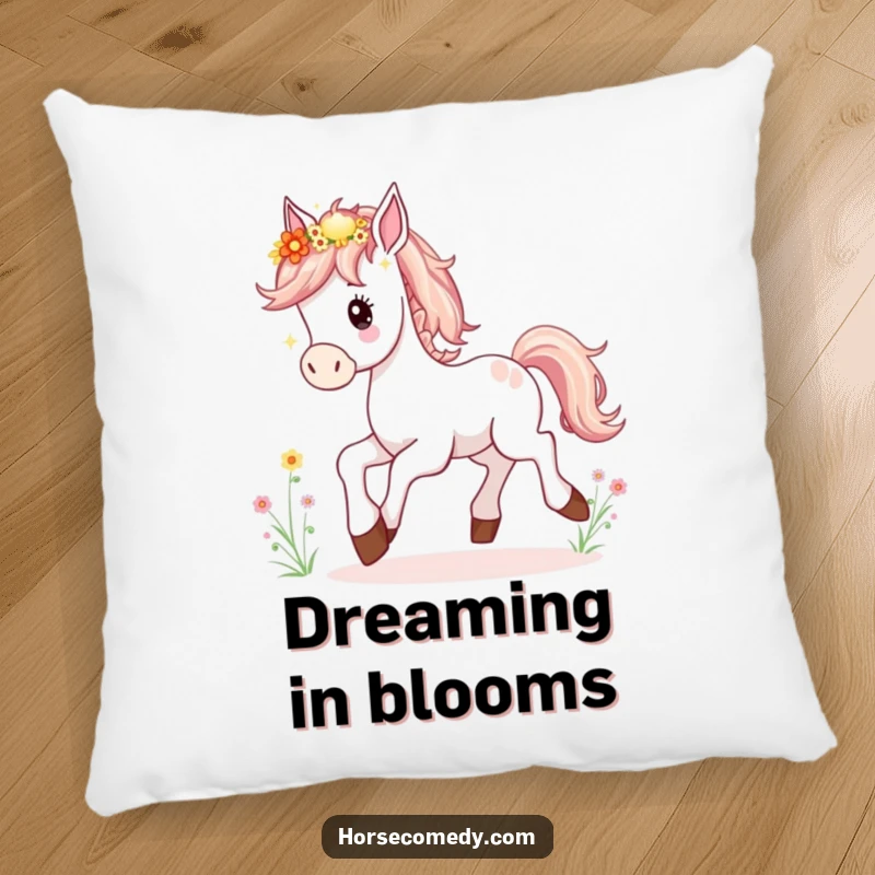 Funny Horse Foal Pillow depicting a happy young horse prancing, its mane decorated with a delightful array of wildflowers.