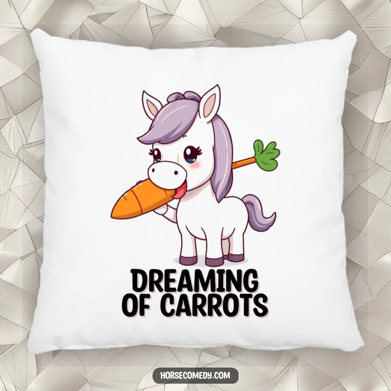 Funny horse character happily munching a giant, colorful carrot on a soft pillow, offering comfort and humor.