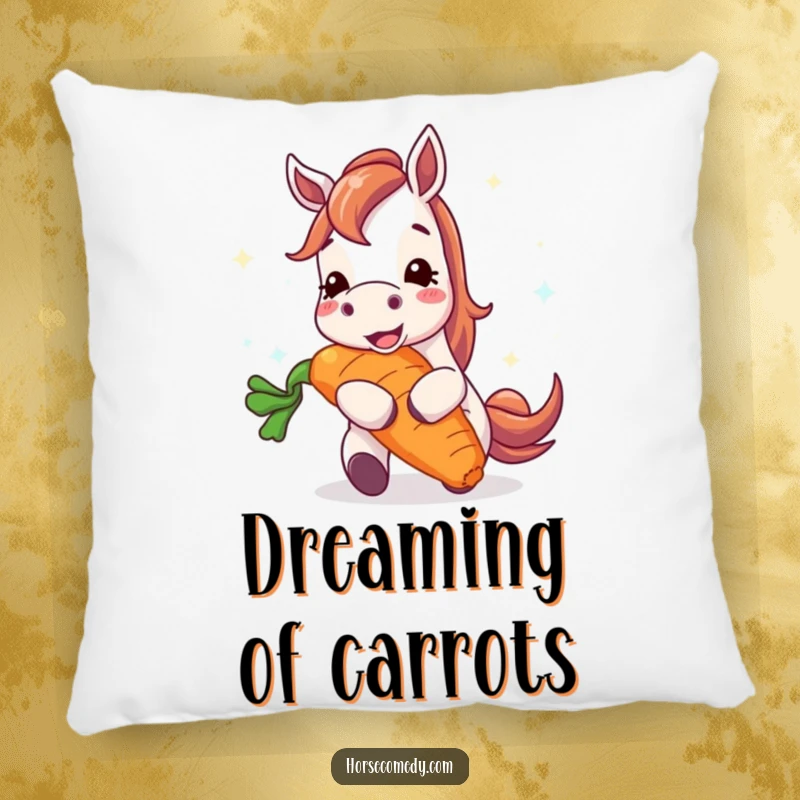 Funny horse pillow with a happy horse character joyfully eating a gigantic, radiant carrot, offering comfort and a humorous visual.