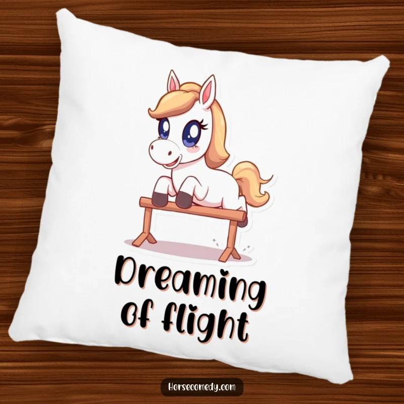 Funny Pillow: A horse with oversized, sparkling eyes happily leaps over a small hurdle, perfect for cozying.