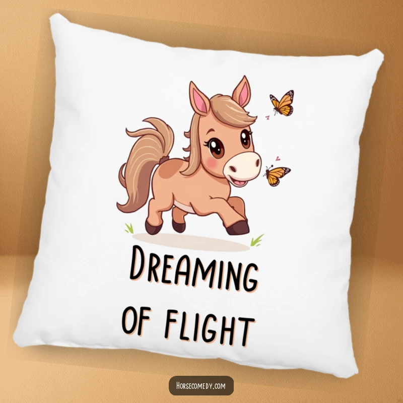Funny Horse Butterfly Chase Pillow with a horse happily chasing a butterfly, perfect for adding comfort and a playful, joyful vibe to any room.