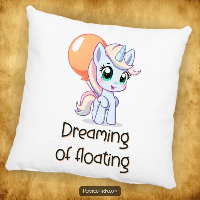 Funny pony pillow depicting a pony with wide, curious eyes, balancing a large, colorful balloon.